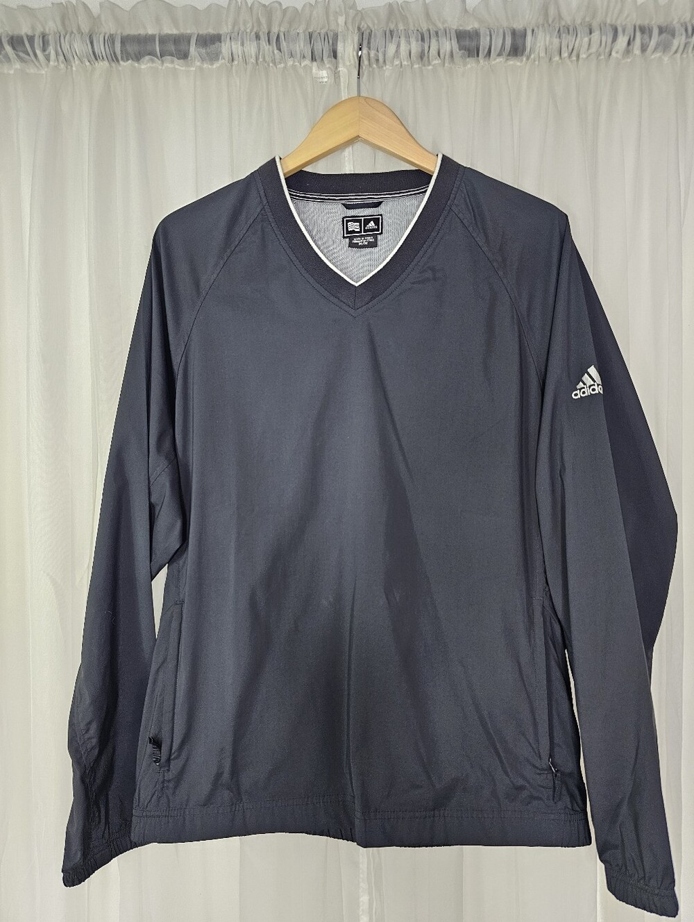 adidas V-Neck Pullover Windbreaker Jacket Black Size Medium